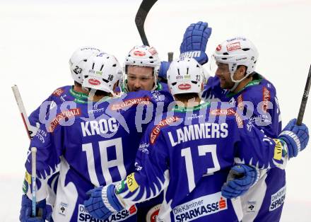 EBEL. Eishockey Bundesliga. EC VSV gegen HC Orli Znojmo. Torjubel Jason Krog, John Lammers, Darren Haydar, Gerhard Unterluggauer, Cole Jarrett (VSV). Villach, am 28.11.2014.
Foto: Kuess 


---
pressefotos, pressefotografie, kuess, qs, qspictures, sport, bild, bilder, bilddatenbank