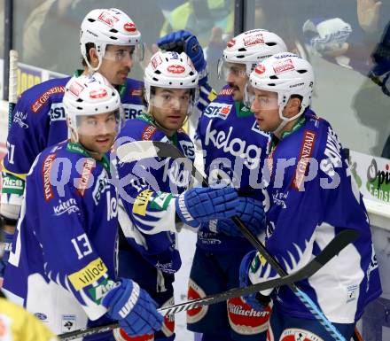 EBEL. Eishockey Bundesliga. EC VSV gegen HC Orli Znojmo. Torjubel Klemen Pretnar, Mark Santorelli, Eric HUnter, John Lammers, Brock McBride (VSV). Villach, am 28.11.2014.
Foto: Kuess 


---
pressefotos, pressefotografie, kuess, qs, qspictures, sport, bild, bilder, bilddatenbank