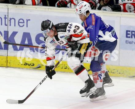 EBEL. Eishockey Bundesliga. EC VSV gegen HC Orli Znojmo. Jason Krog, (VSV), Jakub Grof  (Znojmo). Villach, am 28.11.2014.
Foto: Kuess 


---
pressefotos, pressefotografie, kuess, qs, qspictures, sport, bild, bilder, bilddatenbank