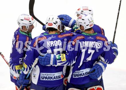 EBEL. Eishockey Bundesliga. EC VSV gegen HC Orli Znojmo.  Torjubel Jason Krog, John Lammers, Darren Haydar, Gerhard Unterluggauer, Cole Jarrett (VSV). Villach, am 28.11.2014.
Foto: Kuess 


---
pressefotos, pressefotografie, kuess, qs, qspictures, sport, bild, bilder, bilddatenbank