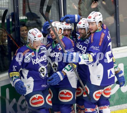 EBEL. Eishockey Bundesliga. EC VSV gegen HC Orli Znojmo.  Torjubel Benjamin Petrik, Daniel Nageler, Adis Alagic, Cole Jarrett (VSV). Villach, am 28.11.2014.
Foto: Kuess 


---
pressefotos, pressefotografie, kuess, qs, qspictures, sport, bild, bilder, bilddatenbank