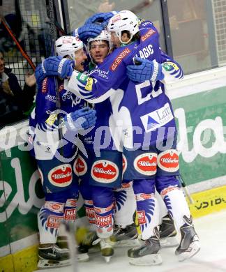 EBEL. Eishockey Bundesliga. EC VSV gegen HC Orli Znojmo.  Torjubel Benjamin Petrik, Daniel Nagele, Adis Alagic (VSV). Villach, am 28.11.2014.
Foto: Kuess 


---
pressefotos, pressefotografie, kuess, qs, qspictures, sport, bild, bilder, bilddatenbank