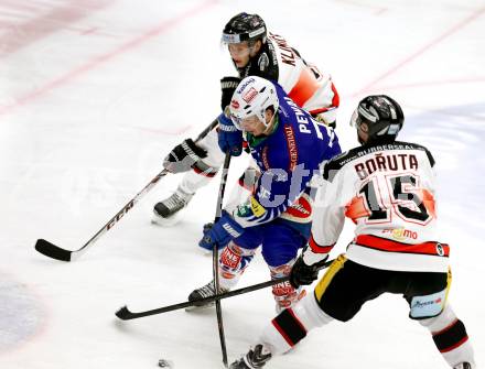 EBEL. Eishockey Bundesliga. EC VSV gegen HC Orli Znojmo. Marco Pewal, (VSV), Jiri Klimicek, Antonin Boruta  (Znojmo). Villach, am 28.11.2014.
Foto: Kuess 


---
pressefotos, pressefotografie, kuess, qs, qspictures, sport, bild, bilder, bilddatenbank