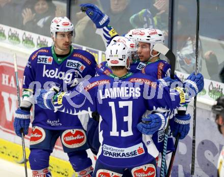 EBEL. Eishockey Bundesliga. EC VSV gegen HC Orli Znojmo. Torjubel Klemen Pretnar, Mark Santorelli, Eric HUnter, John Lammers (VSV). Villach, am 28.11.2014.
Foto: Kuess 


---
pressefotos, pressefotografie, kuess, qs, qspictures, sport, bild, bilder, bilddatenbank