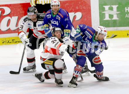 EBEL. Eishockey Bundesliga. EC VSV gegen HC Orli Znojmo. Brock McBride, Cole Jarrett,  (VSV), Peter Pucher, Martin Podesva (Znojmo). Villach, am 28.11.2014.
Foto: Kuess 


---
pressefotos, pressefotografie, kuess, qs, qspictures, sport, bild, bilder, bilddatenbank