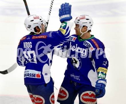 EBEL. Eishockey Bundesliga. EC VSV gegen HC Orli Znojmo. Torjubel Jason Krog, John Lammers (VSV). Villach, am 28.11.2014.
Foto: Kuess 


---
pressefotos, pressefotografie, kuess, qs, qspictures, sport, bild, bilder, bilddatenbank