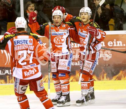 EBEL. Eishockey Bundesliga. KAC gegen EC Red Bull Salzburg. Torjubel Thomas Koch, Manuel Geier, Thomas HUndertpfund (KAC). Klagenfurt, am 30.11.2014.
Foto: Kuess 

---
pressefotos, pressefotografie, kuess, qs, qspictures, sport, bild, bilder, bilddatenbank