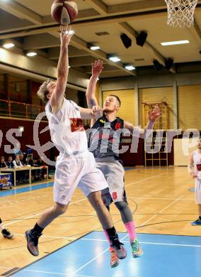 Basketball 2.Bundesliga 2014/15 Grunddurchgang 10.Runde. Woerthersee Piraten gegen Villach Raiders. Tim Huber, (Piraten), Nino Gross (Villach). Klagenfurt, 29.11.2014.
Foto: Kuess
---
pressefotos, pressefotografie, kuess, qs, qspictures, sport, bild, bilder, bilddatenbank