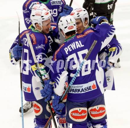 EBEL. Eishockey Bundesliga. EC VSV gegen HDD TELEMACH Olimpija Ljubljana. Torjubel Marco Pewal, Marius Goehringer, Patrick Platzer (VSV). Villach, am 30.11.2014.
Foto: Kuess 


---
pressefotos, pressefotografie, kuess, qs, qspictures, sport, bild, bilder, bilddatenbank