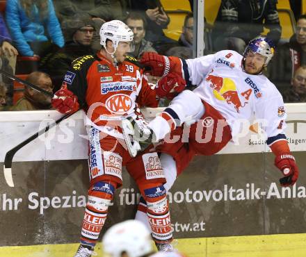 EBEL. Eishockey Bundesliga. KAC gegen EC Red Bull Salzburg. Jean Francois Jacques, (KAC), Thomas Raffl  (Salzburg). Klagenfurt, am 30.11.2014.
Foto: Kuess 

---
pressefotos, pressefotografie, kuess, qs, qspictures, sport, bild, bilder, bilddatenbank