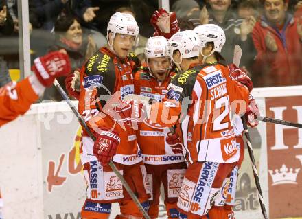 EBEL. Eishockey Bundesliga. KAC gegen EC Red Bull Salzburg. Torjubel Thomas Koch, Manuel Geier, Thomas HUndertpfund, Martin Schumnig (KAC). Klagenfurt, am 30.11.2014.
Foto: Kuess 

---
pressefotos, pressefotografie, kuess, qs, qspictures, sport, bild, bilder, bilddatenbank