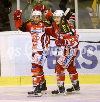 EBEL. Eishockey Bundesliga. KAC gegen EC Red Bull Salzburg. Torjubel Thomas Koch, Manuel Geier (KAC). Klagenfurt, am 30.11.2014.
Foto: Kuess 

---
pressefotos, pressefotografie, kuess, qs, qspictures, sport, bild, bilder, bilddatenbank