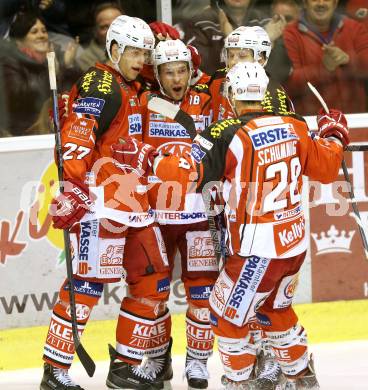 EBEL. Eishockey Bundesliga. KAC gegen EC Red Bull Salzburg. Torjubel Thomas Koch, Manuel Geier, Thomas HUndertpfund, Martin Schumnig (KAC). Klagenfurt, am 30.11.2014.
Foto: Kuess 

---
pressefotos, pressefotografie, kuess, qs, qspictures, sport, bild, bilder, bilddatenbank