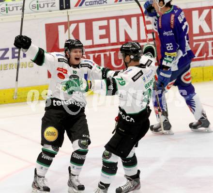 EBEL. Eishockey Bundesliga. EC VSV gegen HDD TELEMACH Olimpija Ljubljana.  Torjubel  Tom Zanoski, Anze Ropret (Laibach). Villach, am 30.11.2014.
Foto: Kuess 


---
pressefotos, pressefotografie, kuess, qs, qspictures, sport, bild, bilder, bilddatenbank