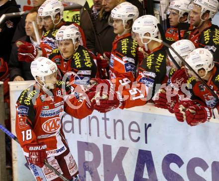 EBEL. Eishockey Bundesliga. KAC gegen EC Red Bull Salzburg.  Torjubel Thomas Koch (KAC). Klagenfurt, am 30.11.2014.
Foto: Kuess 

---
pressefotos, pressefotografie, kuess, qs, qspictures, sport, bild, bilder, bilddatenbank