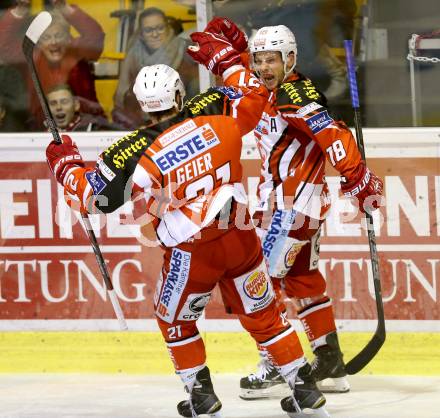 EBEL. Eishockey Bundesliga. KAC gegen EC Red Bull Salzburg. Torjubel Thomas Koch, Manuel Geier (KAC). Klagenfurt, am 30.11.2014.
Foto: Kuess 

---
pressefotos, pressefotografie, kuess, qs, qspictures, sport, bild, bilder, bilddatenbank