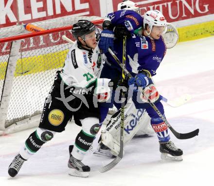 EBEL. Eishockey Bundesliga. EC VSV gegen HDD TELEMACH Olimpija Ljubljana. Philip Siutz,  (VSV), Tadej Snoj (Laibach). Villach, am 30.11.2014.
Foto: Kuess 


---
pressefotos, pressefotografie, kuess, qs, qspictures, sport, bild, bilder, bilddatenbank