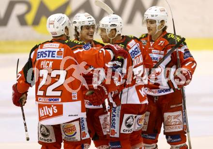 EBEL. Eishockey Bundesliga. KAC gegen EC Red Bull Salzburg.  Torjubel Thomas Poeck, Lukas Pither, Jamie Lundmark, Florian Kurath (KAC). Klagenfurt, am 30.11.2014.
Foto: Kuess 

---
pressefotos, pressefotografie, kuess, qs, qspictures, sport, bild, bilder, bilddatenbank