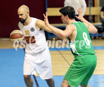 Basketball 2.Bundesliga 2014/15 Grunddurchgang 11.Runde. Woerthersee Piraten gegen Dornbirn Lions. Joachim Buggelsheim, (Piraten), Mario Tobar Ruiz  (Dornbirn). Klagenfurt, 6.12.2014.
Foto: Kuess
---
pressefotos, pressefotografie, kuess, qs, qspictures, sport, bild, bilder, bilddatenbank