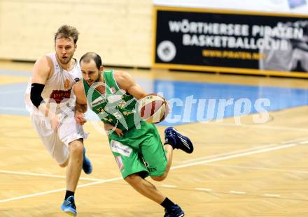 Basketball 2.Bundesliga 2014/15 Grunddurchgang 11.Runde. Woerthersee Piraten gegen Dornbirn Lions. Sebastian Huber,  (Piraten), Tobias Stadelmann (Dornbirn). Klagenfurt, 6.12.2014.
Foto: Kuess
---
pressefotos, pressefotografie, kuess, qs, qspictures, sport, bild, bilder, bilddatenbank