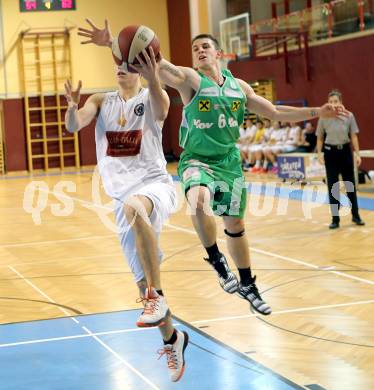 Basketball 2.Bundesliga 2014/15 Grunddurchgang 11.Runde. Woerthersee Piraten gegen Dornbirn Lions. Martin Breithuber, (Piraten), Dominik Jussel  (Dornbirn). Klagenfurt, 6.12.2014.
Foto: Kuess
---
pressefotos, pressefotografie, kuess, qs, qspictures, sport, bild, bilder, bilddatenbank