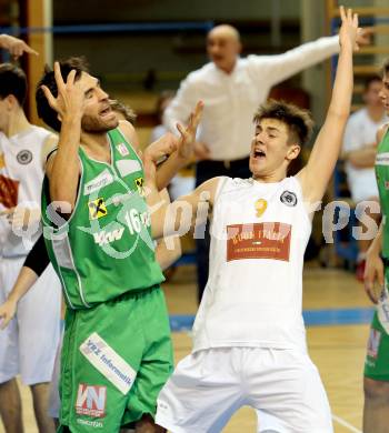 Basketball 2.Bundesliga 2014/15 Grunddurchgang 11.Runde. Woerthersee Piraten gegen Dornbirn Lions. Christof Gspandl,  (Piraten), Mario Tobar Ruiz (Dornbirn). Klagenfurt, 6.12.2014.
Foto: Kuess
---
pressefotos, pressefotografie, kuess, qs, qspictures, sport, bild, bilder, bilddatenbank