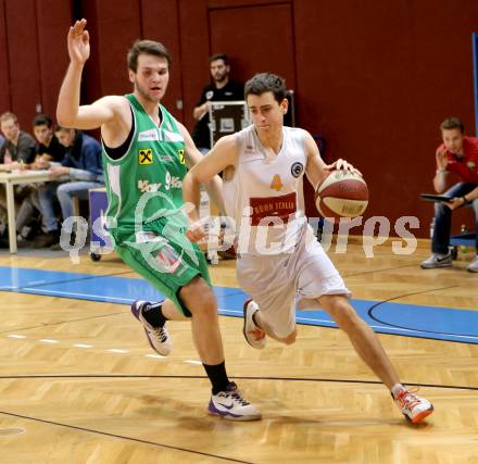 Basketball 2.Bundesliga 2014/15 Grunddurchgang 11.Runde. Woerthersee Piraten gegen Dornbirn Lions. Martin Breithuber,  (Piraten), Alexander Atterbigler (Dornbirn). Klagenfurt, 6.12.2014.
Foto: Kuess
---
pressefotos, pressefotografie, kuess, qs, qspictures, sport, bild, bilder, bilddatenbank