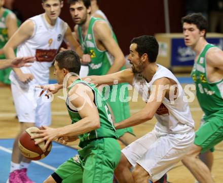 Basketball 2.Bundesliga 2014/15 Grunddurchgang 11.Runde. Woerthersee Piraten gegen Dornbirn Lions. Alexander Ey, (Piraten), Dominik Jussel  (Dornbirn). Klagenfurt, 6.12.2014.
Foto: Kuess
---
pressefotos, pressefotografie, kuess, qs, qspictures, sport, bild, bilder, bilddatenbank