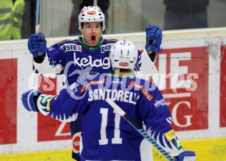 EBEL. Eishockey Bundesliga. EC VSV gegen UPC Vienna Capitals. Torjubel Brock McBride, Mark Santorelli (VSV). Villach, am 12.12.2014.
Foto: Kuess 


---
pressefotos, pressefotografie, kuess, qs, qspictures, sport, bild, bilder, bilddatenbank