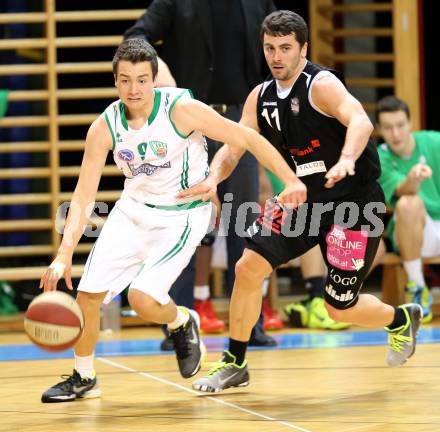 Basketball 2.Bundesliga 2014/15 Grunddurchgang 12.Runde. KOS Celovec gegen Mattersburg Rocks. Samy Mady,  (KOS), Stefan Ulreich (Mattersburg Rocks). Klagenfurt, 13.12.2014.
Foto: Kuess
---
pressefotos, pressefotografie, kuess, qs, qspictures, sport, bild, bilder, bilddatenbank