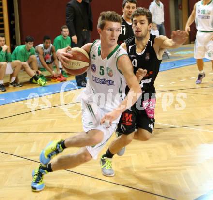 Basketball 2.Bundesliga 2014/15 Grunddurchgang 12.Runde. KOS Celovec gegen Mattersburg Rocks. Andi Smrtnik, (KOS), Jan Nicoli  (Mattersburg Rocks). Klagenfurt, 13.12.2014.
Foto: Kuess
---
pressefotos, pressefotografie, kuess, qs, qspictures, sport, bild, bilder, bilddatenbank