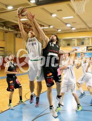 Basketball 2.Bundesliga 2014/15 Grunddurchgang 12.Runde. KOS Celovec gegen Mattersburg Rocks. Davor Sattler,  (KOS), Michael Mach (Mattersburg Rocks). Klagenfurt, 13.12.2014.
Foto: Kuess
---
pressefotos, pressefotografie, kuess, qs, qspictures, sport, bild, bilder, bilddatenbank