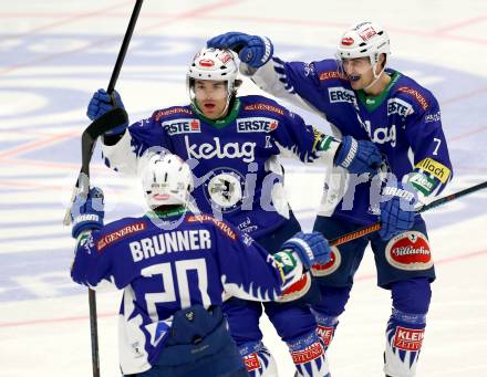 EBEL. Eishockey Bundesliga. EC VSV gegen HCB SUEDTIROL. Torjubel Brock McBride, Nico Brunner, Klemen Pretnar (VSV). Villach, am 14.12.2014.
Foto: Kuess 


---
pressefotos, pressefotografie, kuess, qs, qspictures, sport, bild, bilder, bilddatenbank