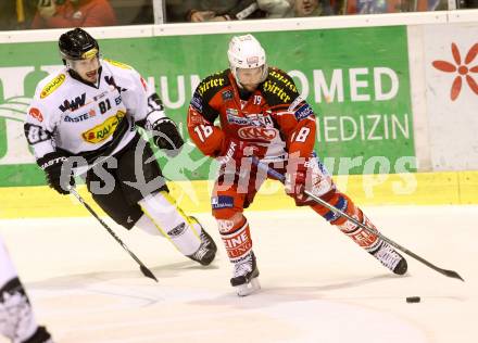 EBEL. Eishockey Bundesliga. KAC gegen Dornbirner Eishockey Club. Thomas Koch,  (KAC), Robert Lembacher (Dornbirn). Klagenfurt, am 14.12.2014.
Foto: Kuess 

---
pressefotos, pressefotografie, kuess, qs, qspictures, sport, bild, bilder, bilddatenbank