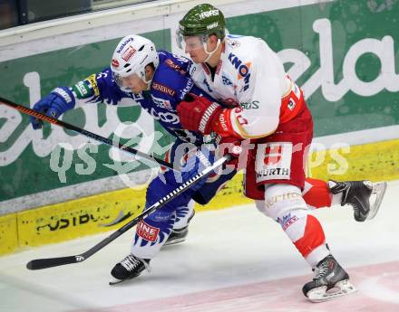 EBEL. Eishockey Bundesliga. EC VSV gegen HCB SUEDTIROL. Daniel Nageler, (VSV), Guntis Galvins (Bozen). Villach, am 14.12.2014.
Foto: Kuess 


---
pressefotos, pressefotografie, kuess, qs, qspictures, sport, bild, bilder, bilddatenbank