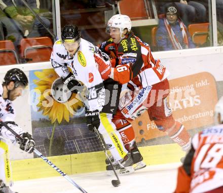 EBEL. Eishockey Bundesliga. KAC gegen Dornbirner Eishockey Club. Patrick Harand,  (KAC), Andrew Bombach (Dornbirn). Klagenfurt, am 14.12.2014.
Foto: Kuess 

---
pressefotos, pressefotografie, kuess, qs, qspictures, sport, bild, bilder, bilddatenbank