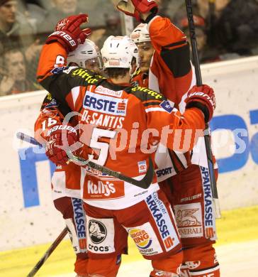 EBEL. Eishockey Bundesliga. KAC gegen Dornbirner Eishockey Club. Torjubel Jason DeSANTIS, Thomas KOCH, Manuel GEIER (KAC). Klagenfurt, am 14.12.2014.
Foto: Kuess 

---
pressefotos, pressefotografie, kuess, qs, qspictures, sport, bild, bilder, bilddatenbank