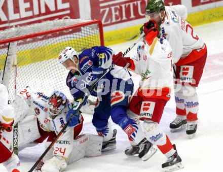 EBEL. Eishockey Bundesliga. EC VSV gegen HCB SUEDTIROL.  Daniel Nageler,  (VSV), Jaroslav Huebl,  Hannes Oberdoerfer (Bozen). Villach, am 14.12.2014.
Foto: Kuess 


---
pressefotos, pressefotografie, kuess, qs, qspictures, sport, bild, bilder, bilddatenbank