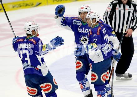 EBEL. Eishockey Bundesliga. EC VSV gegen HCB SUEDTIROL. Torjubel John Lammers, Jason Krog, Darren Haydar (VSV). Villach, am 14.12.2014.
Foto: Kuess 


---
pressefotos, pressefotografie, kuess, qs, qspictures, sport, bild, bilder, bilddatenbank