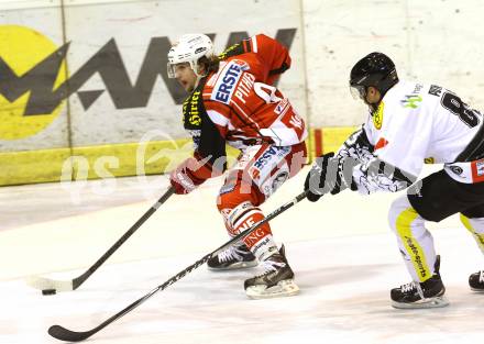 EBEL. Eishockey Bundesliga. KAC gegen Dornbirner Eishockey Club. Luke Pither, (KAC),  Philip Putnik (Dornbirn). Klagenfurt, am 14.12.2014.
Foto: Kuess 

---
pressefotos, pressefotografie, kuess, qs, qspictures, sport, bild, bilder, bilddatenbank