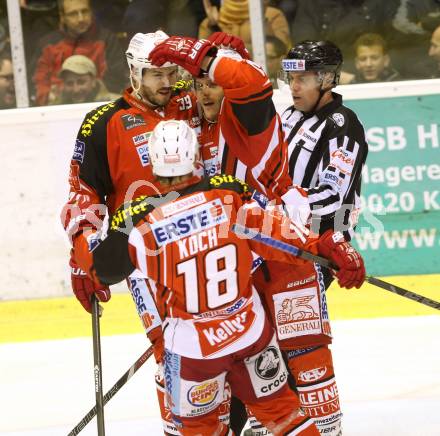 EBEL. Eishockey Bundesliga. KAC gegen Dornbirner Eishockey Club. Torjubel Manuel Geier, Jean-Francois Jacques, Thomas Koch, (KAC). Klagenfurt, am 14.12.2014.
Foto: Kuess 

---
pressefotos, pressefotografie, kuess, qs, qspictures, sport, bild, bilder, bilddatenbank