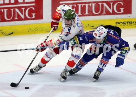 EBEL. Eishockey Bundesliga. EC VSV gegen HCB SUEDTIROL. Brock McBride,  (VSV), Philip Joseph De Simone (Bozen). Villach, am 14.12.2014.
Foto: Kuess 


---
pressefotos, pressefotografie, kuess, qs, qspictures, sport, bild, bilder, bilddatenbank