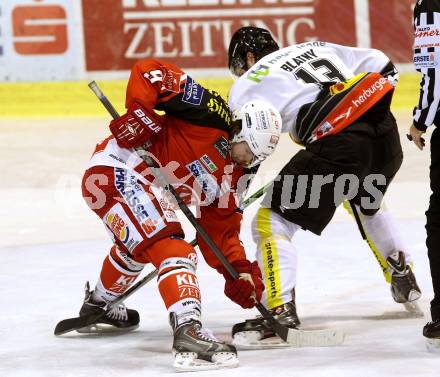 EBEL. Eishockey Bundesliga. KAC gegen Dornbirner Eishockey Club. Luke Pither,  (KAC), Zdenek Blatny (Dornbirn). Klagenfurt, am 14.12.2014.
Foto: Kuess 

---
pressefotos, pressefotografie, kuess, qs, qspictures, sport, bild, bilder, bilddatenbank