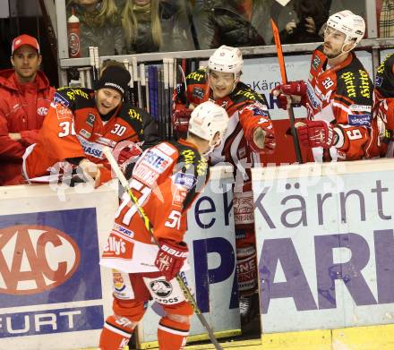 EBEL. Eishockey Bundesliga. KAC gegen Dornbirner Eishockey Club. Torjubel Florian Kurath, Oliver Setzinger (KAC). Klagenfurt, am 14.12.2014.
Foto: Kuess 

---
pressefotos, pressefotografie, kuess, qs, qspictures, sport, bild, bilder, bilddatenbank