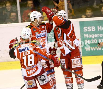 EBEL. Eishockey Bundesliga. KAC gegen Dornbirner Eishockey Club. Torjubel Manuel Geier, Jean-Francois Jacques, Thomas Koch,  (KAC). Klagenfurt, am 14.12.2014.
Foto: Kuess 

---
pressefotos, pressefotografie, kuess, qs, qspictures, sport, bild, bilder, bilddatenbank