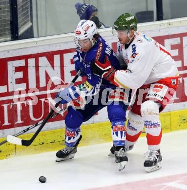 EBEL. Eishockey Bundesliga. EC VSV gegen HCB SUEDTIROL. Brock McBride,  (VSV), Alexander Egger (Bozen). Villach, am 14.12.2014.
Foto: Kuess 


---
pressefotos, pressefotografie, kuess, qs, qspictures, sport, bild, bilder, bilddatenbank