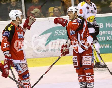 EBEL. Eishockey Bundesliga. KAC gegen Dornbirner Eishockey Club. Torjubel Manuel Geier, Jean-Francois Jacques, (KAC). Klagenfurt, am 14.12.2014.
Foto: Kuess 

---
pressefotos, pressefotografie, kuess, qs, qspictures, sport, bild, bilder, bilddatenbank