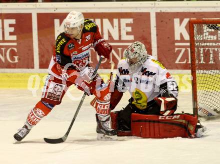 EBEL. Eishockey Bundesliga. KAC gegen Dornbirner Eishockey Club.  Marcel Rodman,  (KAC),  Nathan Lawson (Dornbirn). Klagenfurt, am 14.12.2014.
Foto: Kuess 

---
pressefotos, pressefotografie, kuess, qs, qspictures, sport, bild, bilder, bilddatenbank