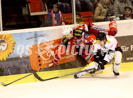 EBEL. Eishockey Bundesliga. KAC gegen Dornbirner Eishockey Club. Florian Kurath, (KAC), James Arniel  (Dornbirn). Klagenfurt, am 14.12.2014.
Foto: Kuess 

---
pressefotos, pressefotografie, kuess, qs, qspictures, sport, bild, bilder, bilddatenbank