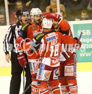 EBEL. Eishockey Bundesliga. KAC gegen Dornbirner Eishockey Club.  Torjubel Manuel Geier, Jean-Francois Jacques, Thomas Koch, (KAC). Klagenfurt, am 14.12.2014.
Foto: Kuess 

---
pressefotos, pressefotografie, kuess, qs, qspictures, sport, bild, bilder, bilddatenbank